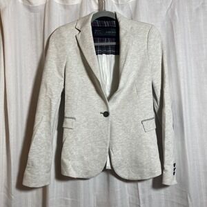 Zara Basic Womens Knit Blazer Heather Grey Elbow Patch Plaid Lined Jacket XS